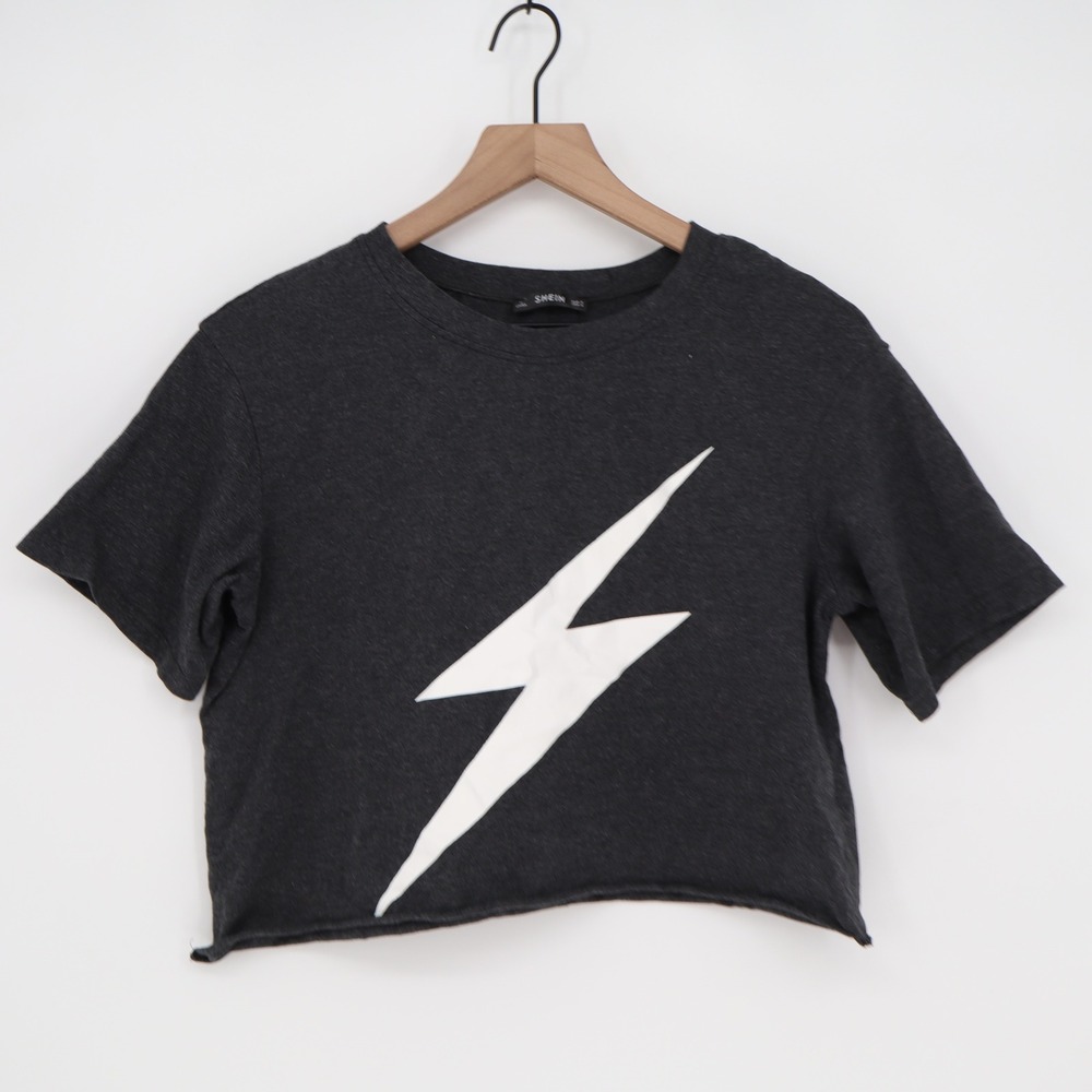 SHEIN Crop Top Womens S Lightning Bolt Charcoal Gray Raw Hem Excellent